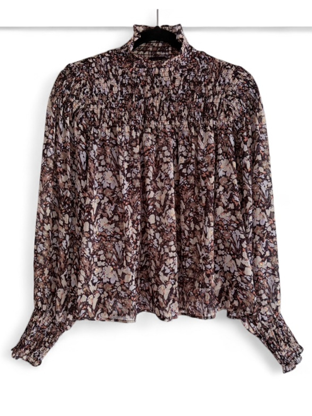 House of Harlow High Smocked Neck Long Sleeve Semi Sheer Blouse Size S